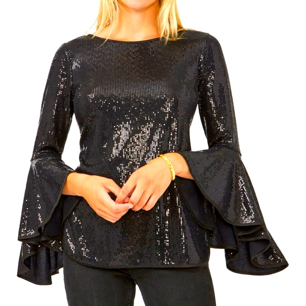 Vince Camuto Black Sequin Long Sleeve Blouse